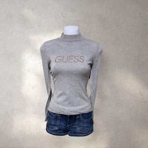 Guess Grey Long Sleeves Top w/ Rhinestoned Logo